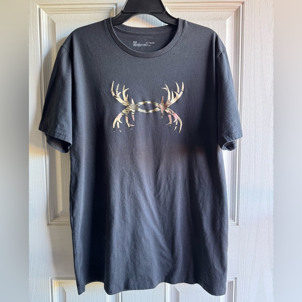 Under Armour Black Tee with Camouflage Antler Graphic